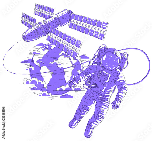Astronaut went out into open space connected to space station and earth planet in background, spaceman floating in weightlessness and iss spacecraft with solar panels behind him. Vector.