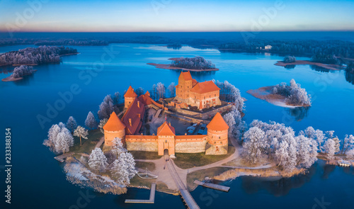 Trakai castle at winter, aerial view of the castle