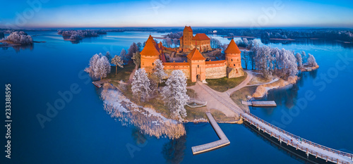 Trakai castle at winter, aerial view of the castle photo