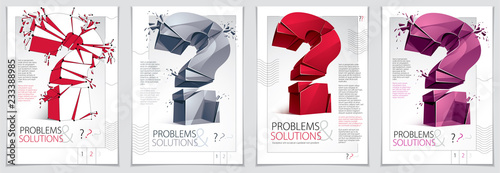 Broken Question Mark exploding brochure or flyer design, Query breaking to pieces, vector 3d realistic illustration. Special character conceptual symbol, doubt, difficulty, FAQ and support concept.