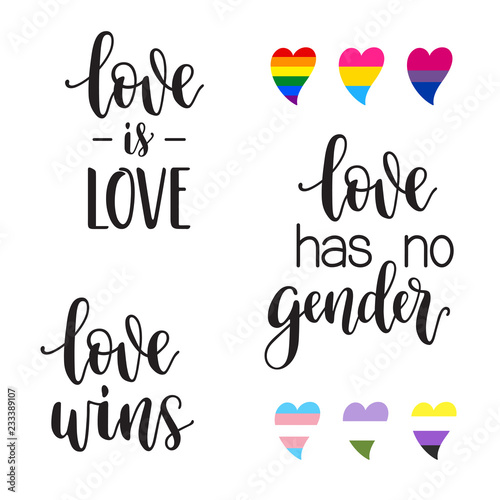 LGBTQ love phrases lettering: Love is love, wins, has no gender with hearts in colors of rainbow, bisexual, pansexual, transgender, noninary and gender queer pride flags