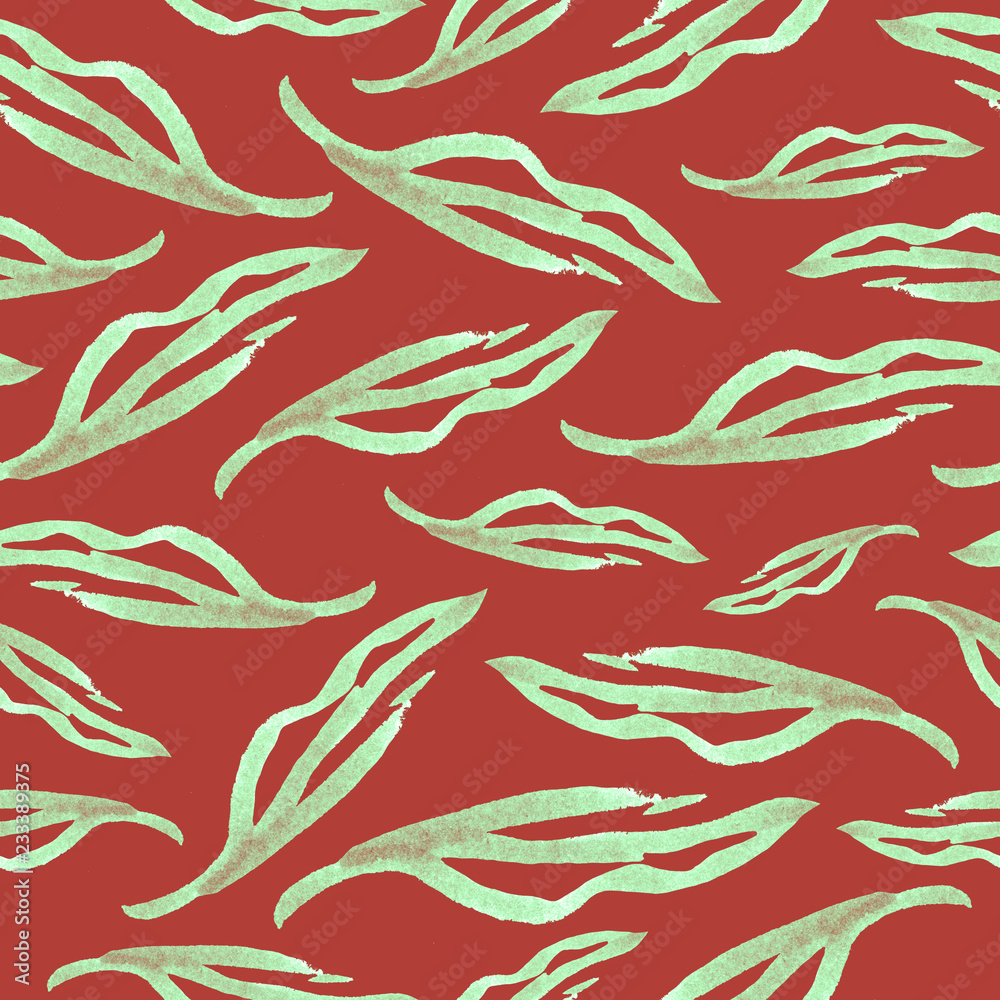 Seamless abstract graphic pattern of leaves, feathers.