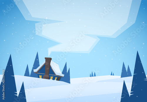 Vector illustration  Cartoon Winter christmas landscape with house and smoke from chimney