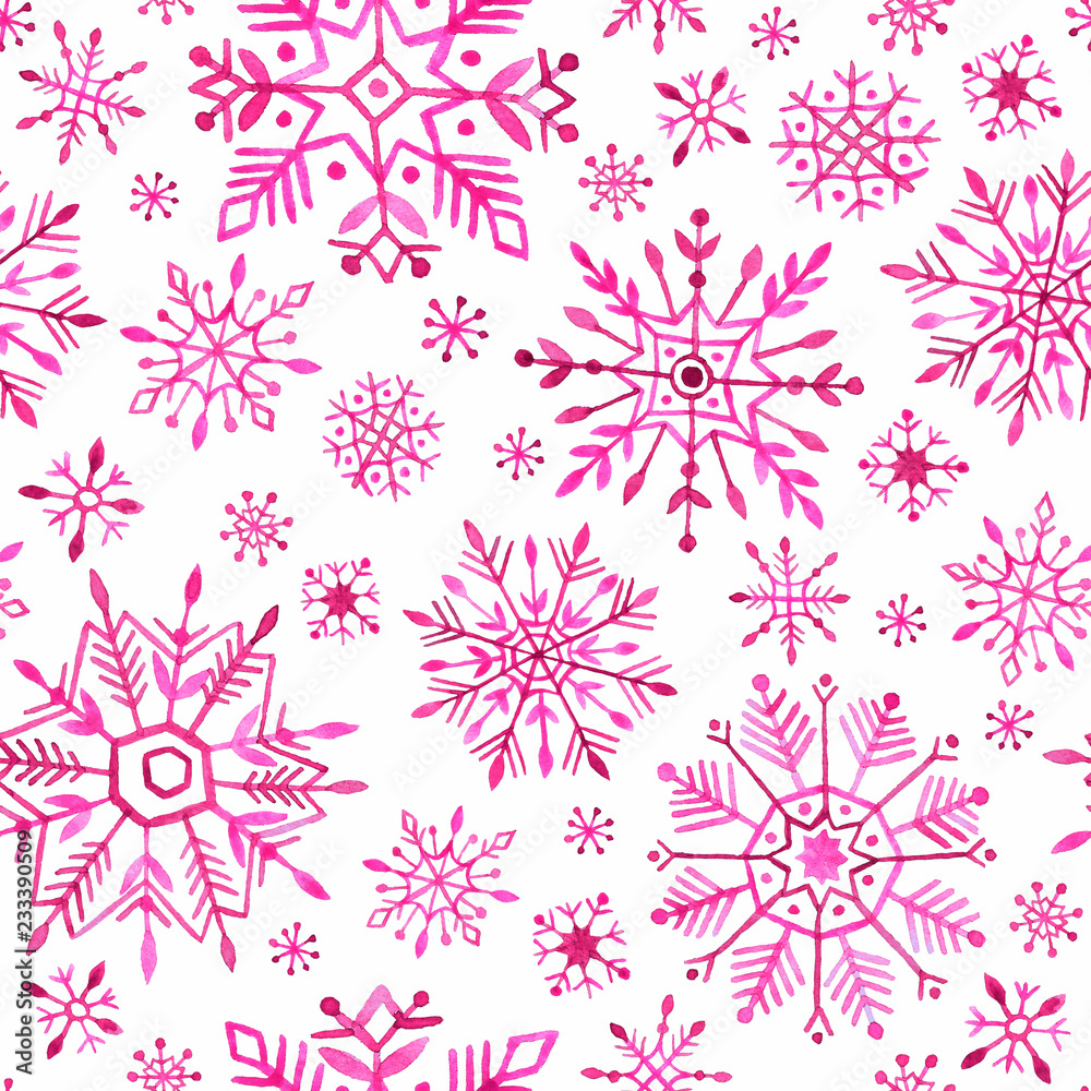 Watercolor snowflakes seamless pattern. Pink snowflakes on a white background.
