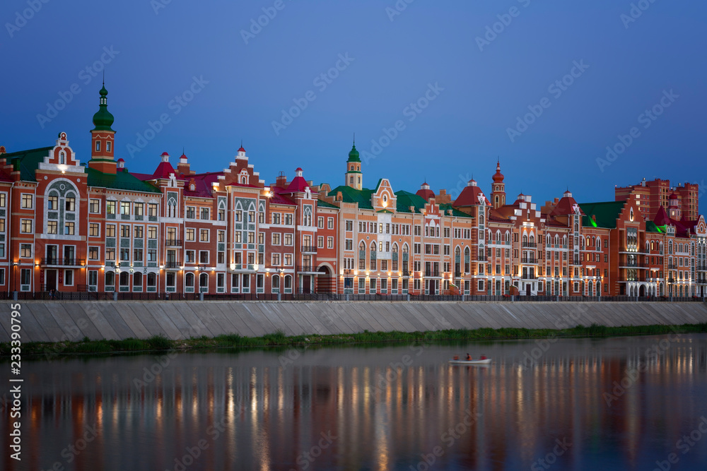 Yoshkar Ola city. Mari El, Russia. Bruges Quay in the city of Yoshkar-Ola in sunset