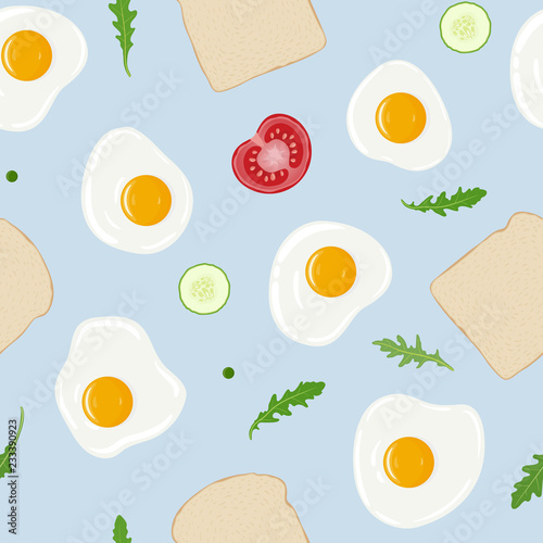 Fried eggs, toast bread, tomato, cucumber, arugula (rucola) and peas breakfast seamless pattern. Fresh toasted bread, fried eggs and vegetables. Yummy healthy breakfast. Vector hand drawn illustration