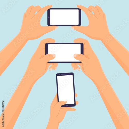 Hands Hold smartphone taking photo and playing games blank template Vector illustration