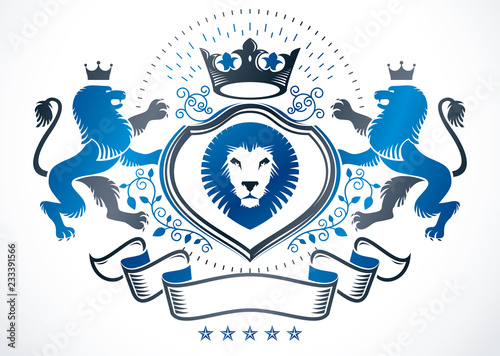 Fototapeta Naklejka Na Ścianę i Meble -  Vintage decorative emblem composed with wild lion illustration and imperial crown, heraldic vector.