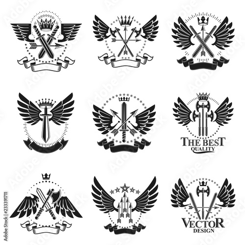 Vintage Weapon Emblems set. Heraldic Coat of Arms decorative emblems isolated vector illustrations collection.