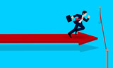 Businessman run on the arrow red . go to target business success. Move forward to the goal. leadership. creative idea. cartoon vector illustration