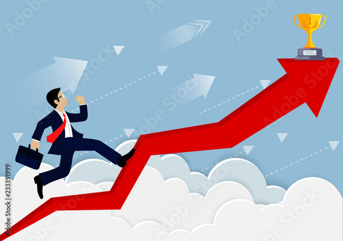 Businessman running on a arrow red. up to the sky. go to goal and business finance success. leadership. creative idea. cartoon vector illustration