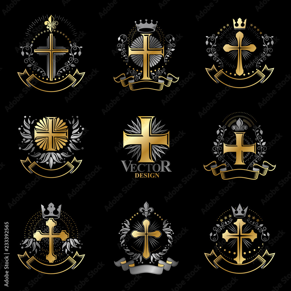 Naklejka premium Christian Crosses emblems set. Heraldic Coat of Arms decorative logos isolated vector illustrations collection.