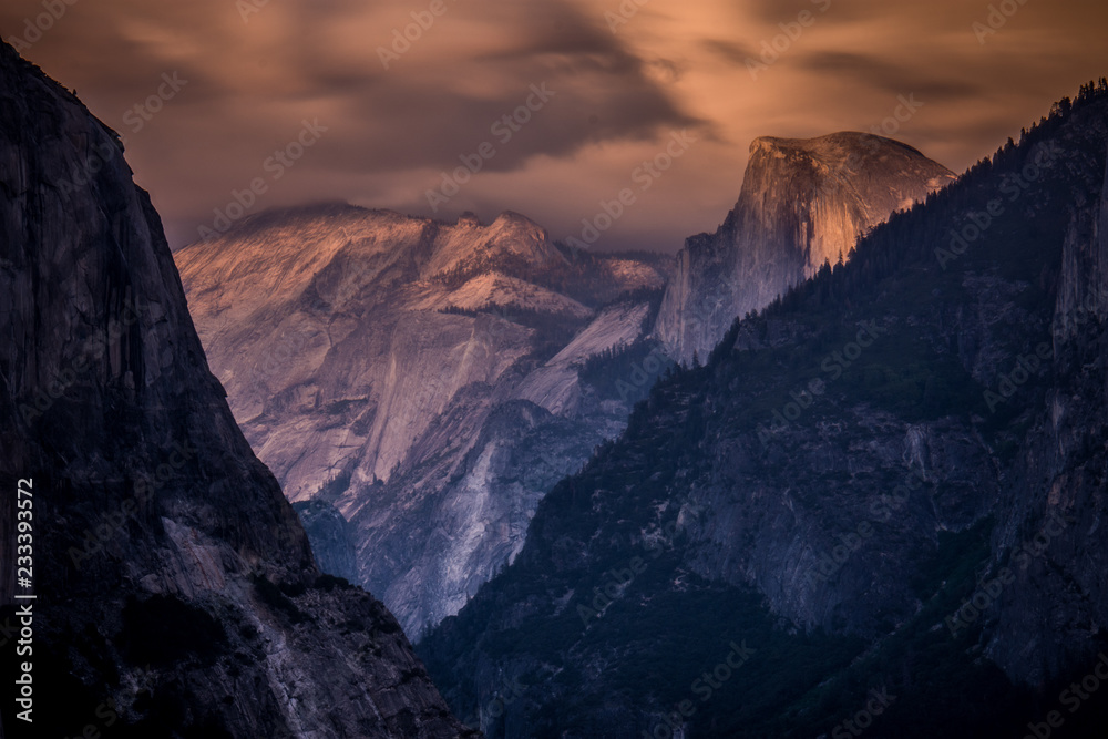 Tunnel view in Yosemite National Park at sunset golden hour - long exposure photography