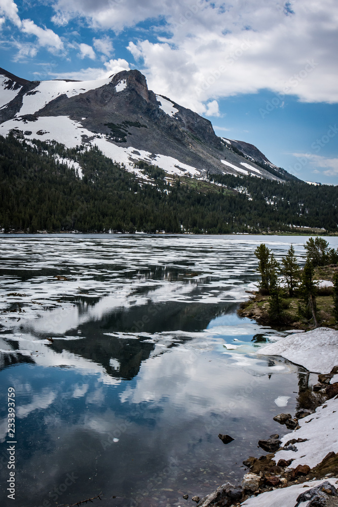 Tenaya Lake with partial ice on the calm water during the summer. This alpine lake is in Yosemite National Park, along Tioga Pass in California