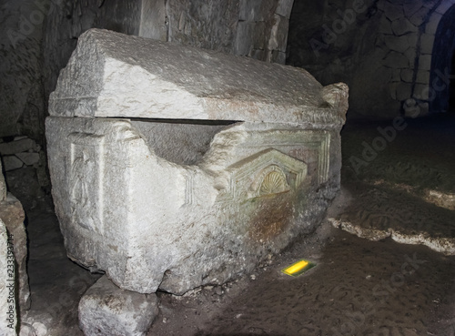 Sarcophagus  in the inner room of the necropolis in the Bet She'arim National Park in the Kiriyat Tivon city in Israel photo