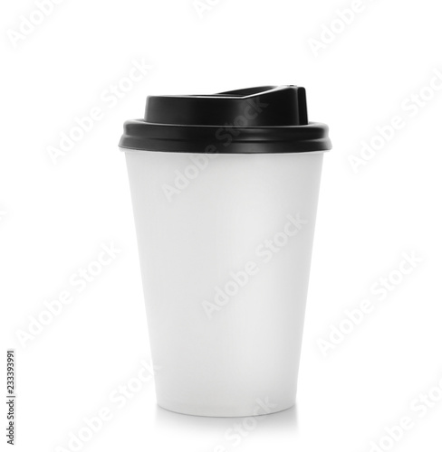 Takeaway paper coffee cup with lid on white background. Space for design