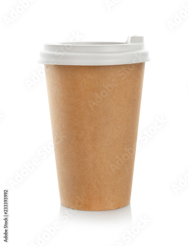 Takeaway paper coffee cup with lid on white background. Space for design