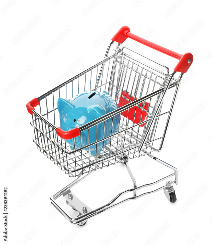 Piggy bank in shopping cart isolated on white