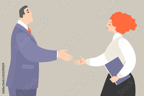 Vector illustration of a man and woman getting ready to shake hands while making a deal