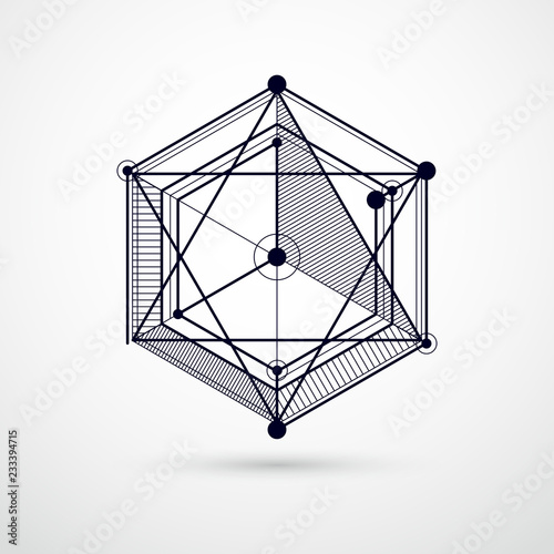 Abstract geometric vector black and white background with cubes and other elements. Composition of cubes, hexagons, squares, rectangles and abstract elements. Perfect background for your designs