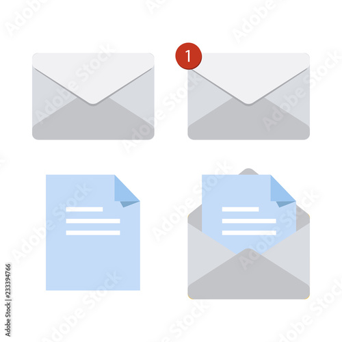 Letter in mail envelope. Set of grey icons or vector illustrations. Mailbox notification or email message icons receiving emails. Correspondence paper delivery.