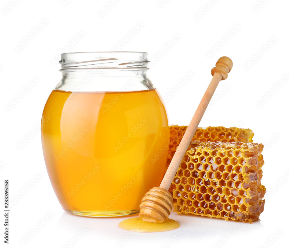 Composition with fresh honey on white background Composition with fresh honey on white background