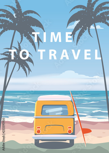 Travel, trip vector illustration. Ocean, sea, seascape. Surfing van, camper, bus on beach. Summer holidays. Ocean background on road trip, retro, vintage. Tourism concept, cartoon style, isolated
