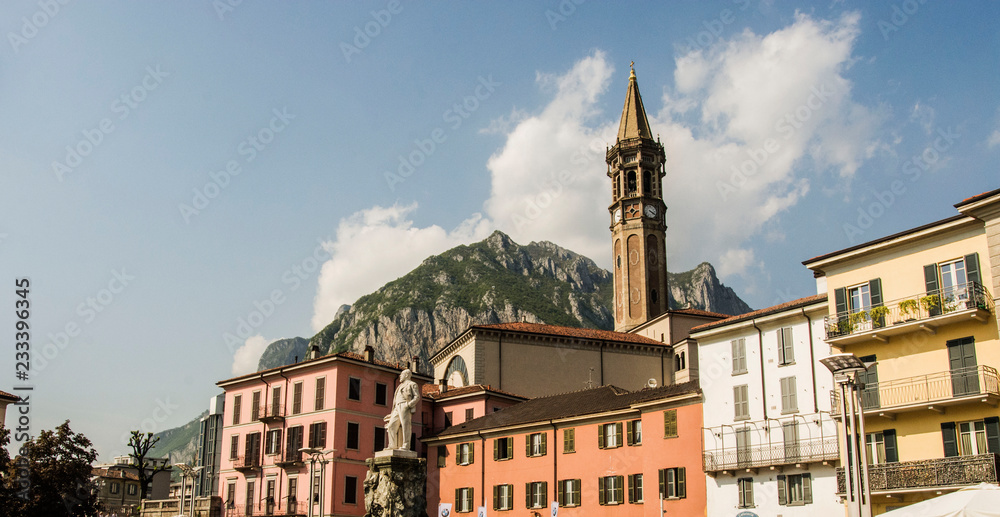 Lecco, historic center with bell tower, Italy