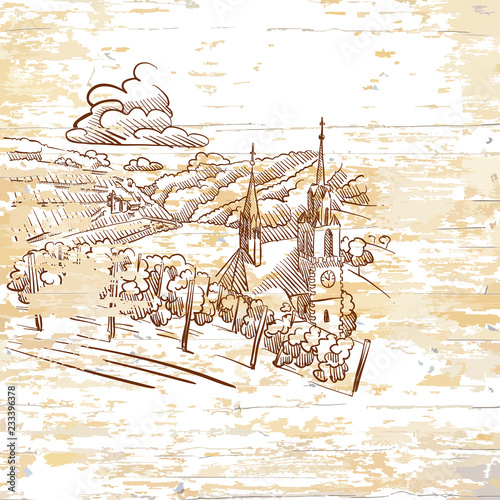 vintage vineyard drawing on wooden background