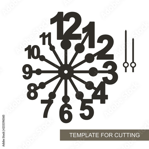 Dial with arrows and big arabic numerals. Silhouette of clock on white background. Decor for home. Template for laser cutting, wood carving, paper cut and printing. Vector illustration.