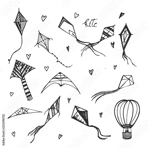 Kites and aerostat hand drawn sketch. Flying kite toys and air balloon vector.