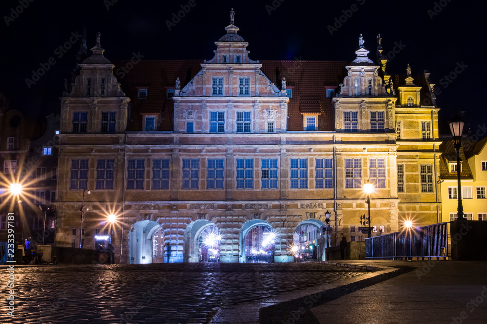 The Green Gate in Gdansk at night, Poland, is one of the city's most notable tourist attractions.
