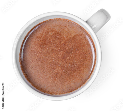Hot chocolate or cocoa drink in a cup or mug. Top view of hot chocolate, isolated on white background.