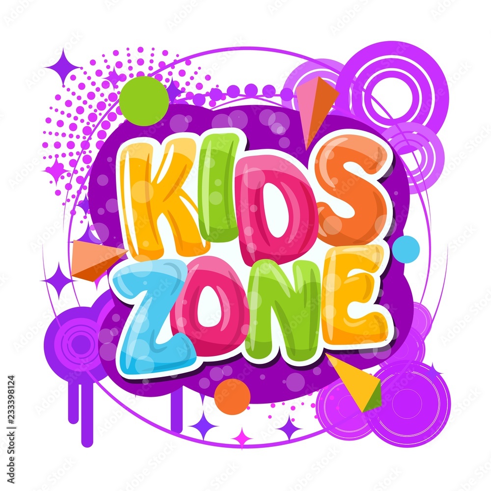 Logo cartoon for children. Colorful bubble letters for the children's playroom. The inscription on an orange background with rays. Vector illustration