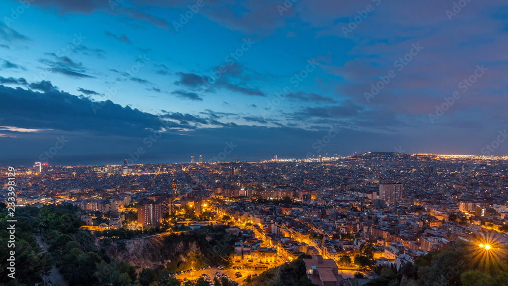 Panorama of Barcelona night to day timelapse, Spain, viewed from the Bunkers of Carmel