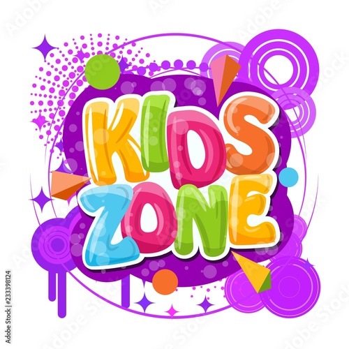 Logo cartoon for children. Colorful bubble letters for the children's playroom. The inscription on an orange background with rays. Vector illustration