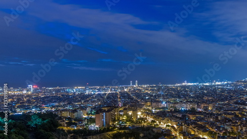 Panorama of Barcelona night to day timelapse, Spain, viewed from the Bunkers of Carmel