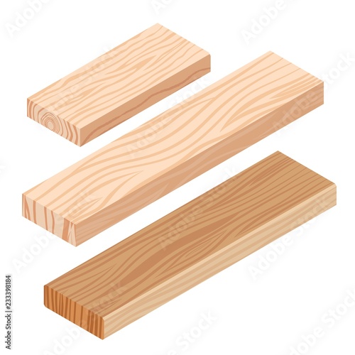 Realistic isometric rasped wooden timber plank for building construction or floring. Wooden board on a white background. Vector illustration