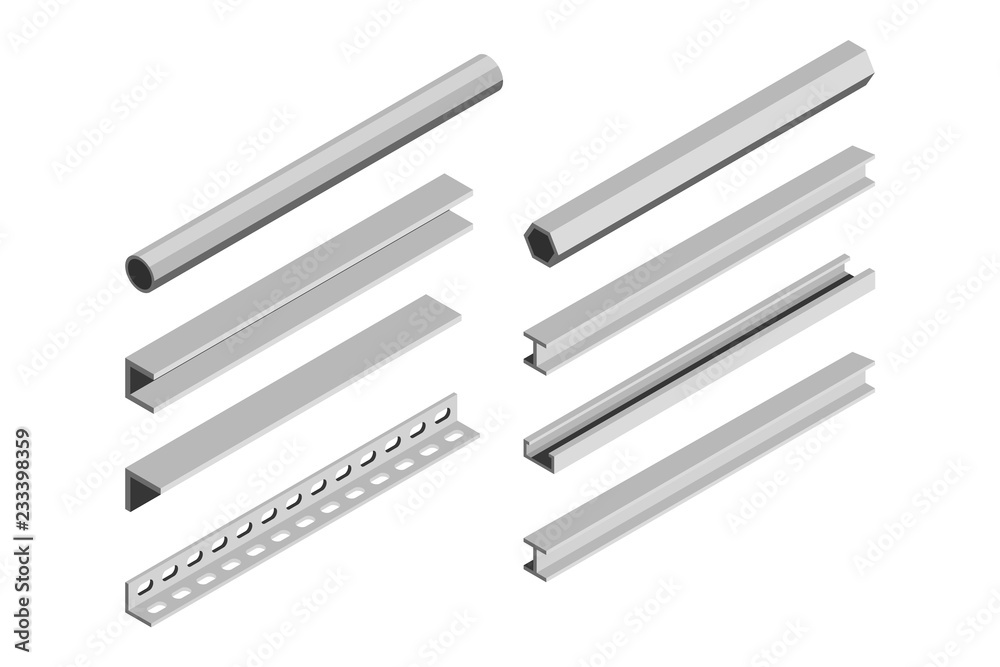 Metal pipes and corners in isometric style on a white background. Vector illustration Metal pipes and corners in isometric style on a white background. Vector illustration