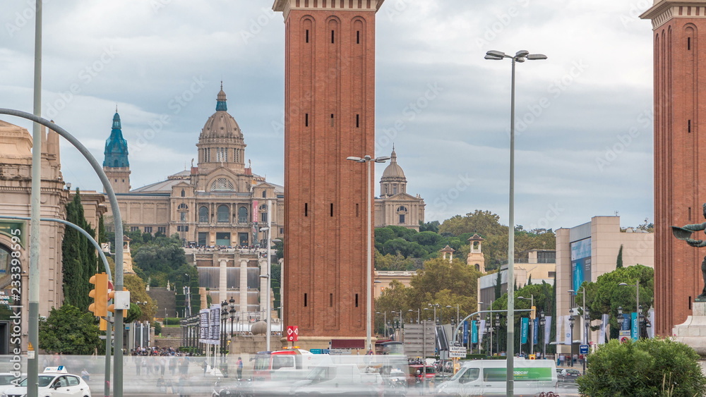 Cityscape view of Placa d'Espanya or Spain square, with the Venetian Towers and the National Art Museum timelapse