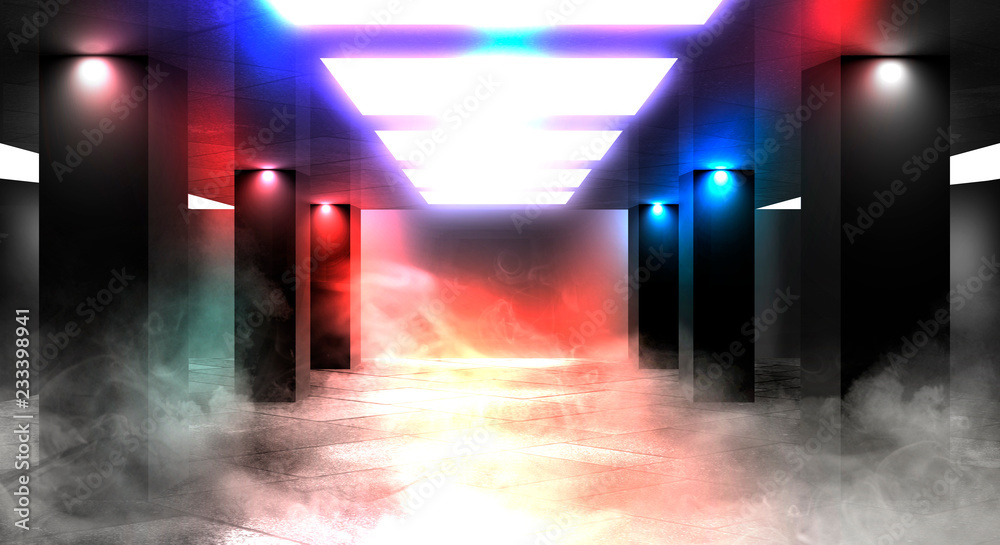 Background of an empty room with walls and concrete floor. Empty room, smoke, smog, neon lights, lanterns.