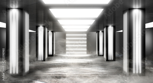 Background of an empty room with walls and concrete floor. Empty room, smoke, smog, neon lights, lanterns.