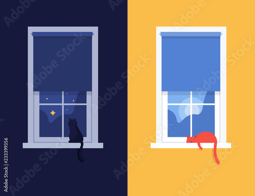 Windows day and night. The cat sits and sleeps on the windowsill. Vector flat illustration