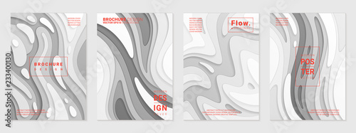 Vector set of cover design template with paper cutting abstract patterns; Modern black and white gradient; Realistic carving art; Vector 3d templates; Material design concept.