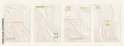 Vector set of cover design template with paper cutting abstract patterns; Modern white gradient; Realistic carving art; Vector 3d templates; Material design concept.
