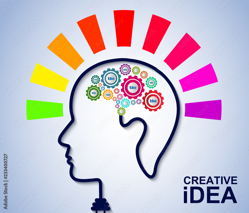 Human head creativity idea brain gear colorful icon. business finance. cartoon vector illustration