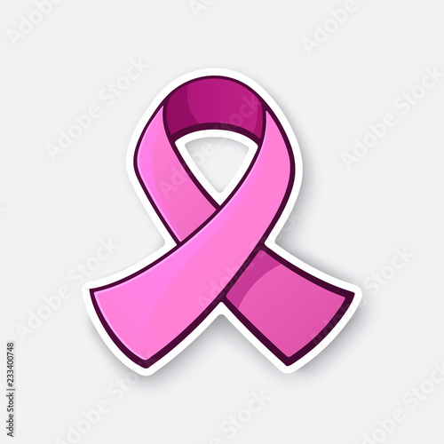 Vector illustration. Pink ribbon, international symbol of breast cancer awareness. Sign of moral support for women. Sticker in cartoon style with contour. Isolated on white background photo