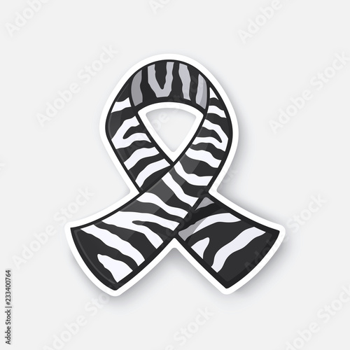 Vector illustration. Ribbon with zebra print, international symbol of Carcinoid cancer and rare-disease awareness. Sticker in cartoon style with contour. Isolated on white background