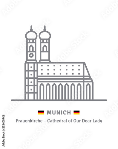 Frauenkirche cathedral at Munich, Germany, and German flag