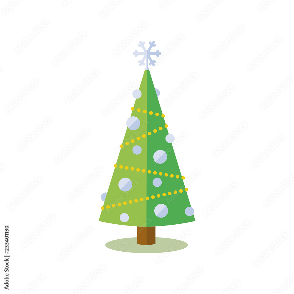 Fototapeta premium Christmas Tree decorated with silver baubles and snowflake Vector Icon